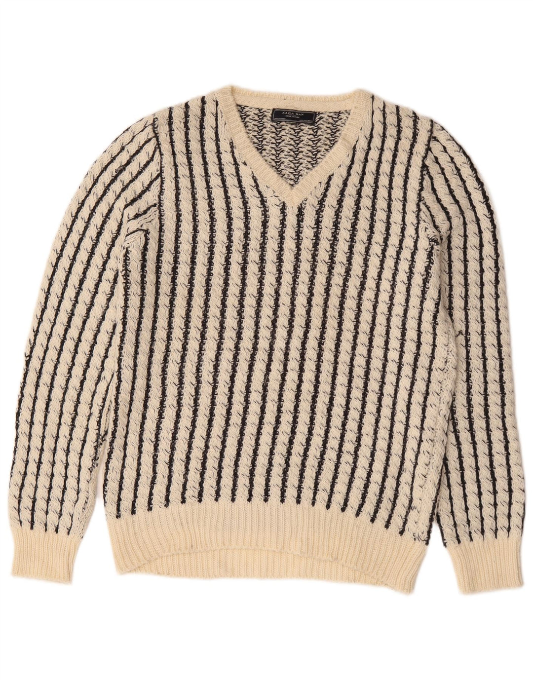 Zara Mens V-Neck Jumper Sweater Large White Striped Acrylic