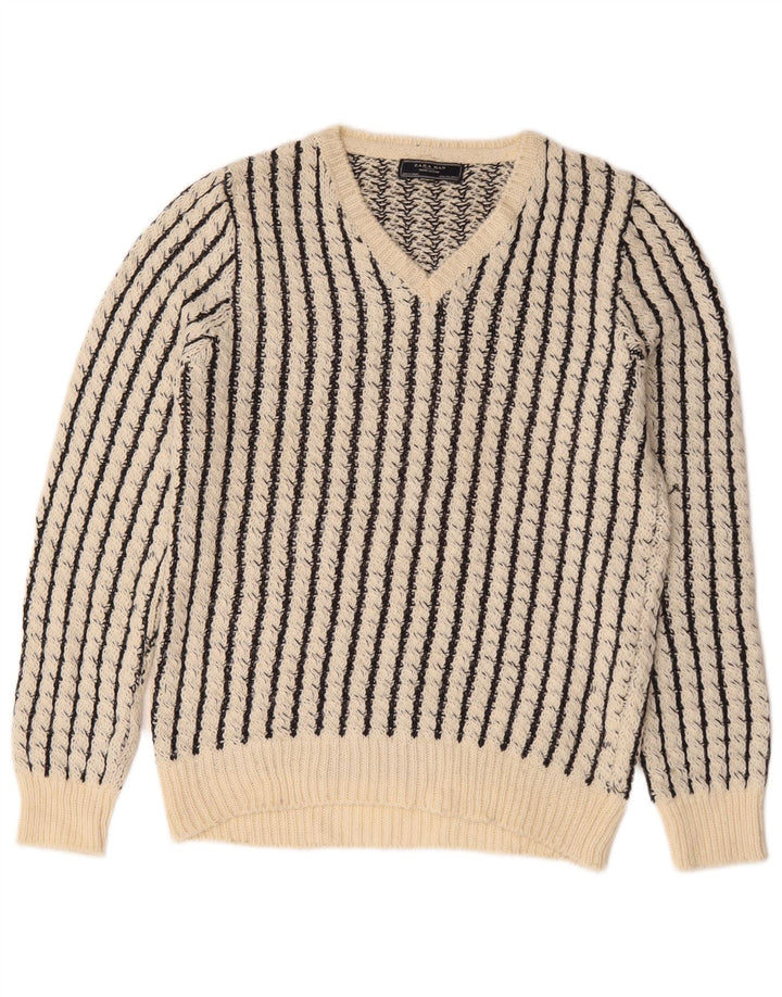 Zara Mens V-Neck Jumper Sweater Large White Striped Acrylic