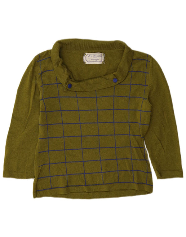 Vintage damski sweter z okrągłym dekoltem i rękawami 3/4 UK 14, średnia khaki w kratkę