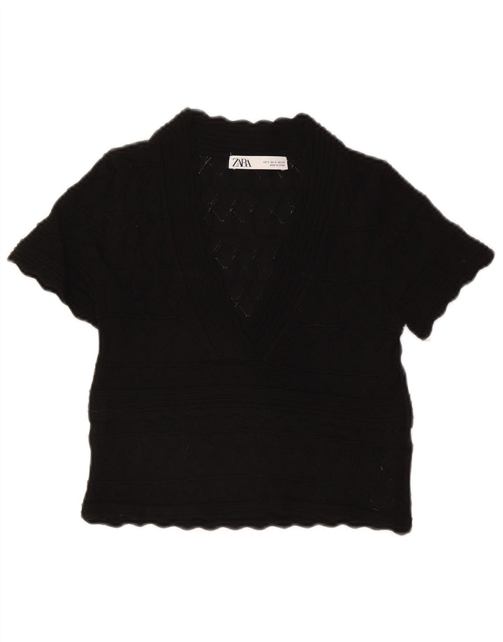 ZARA Womens Crop Knit Blouse Top UK 8 Small Black Viscose