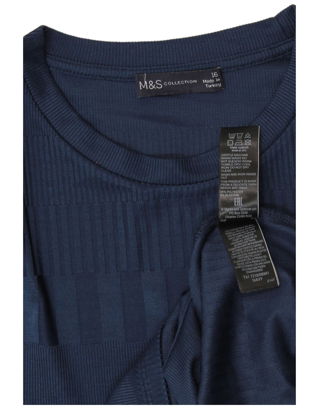 MARKS & SPENCER Womens T-Shirt Top UK 16 Large Navy Blue Striped Polyester