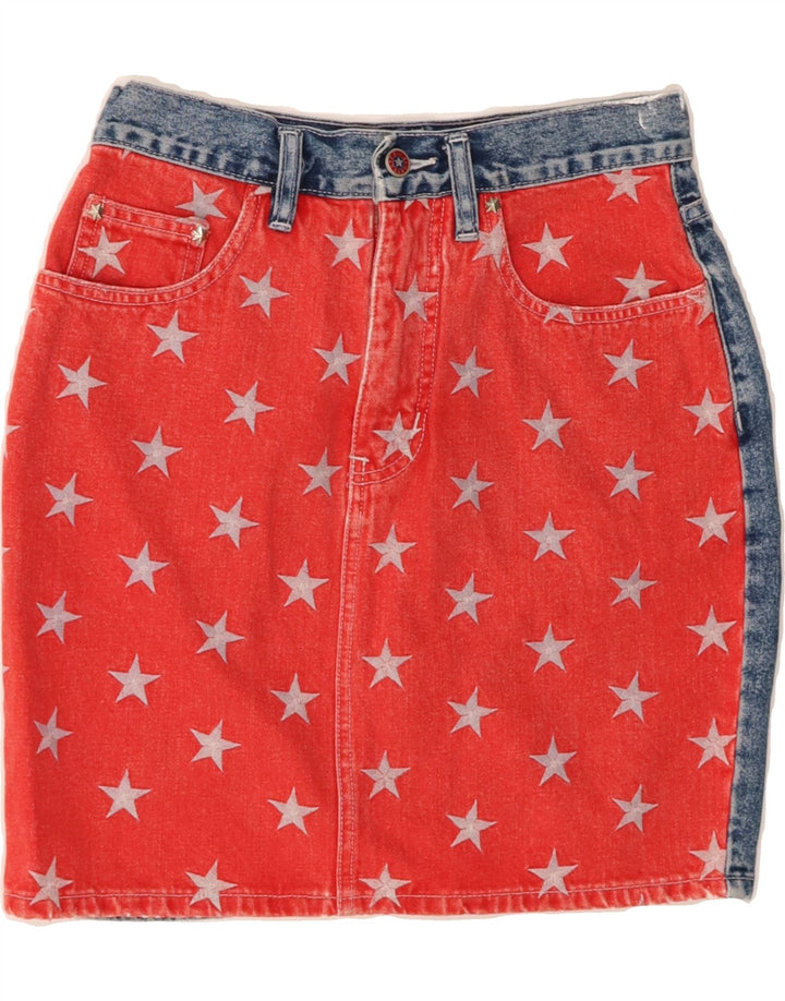 VINTAGE Womens Denim Skirt W26 Small  Red Colourblock Vintage Vintage and Second-Hand Vintage from Messina Hembry 