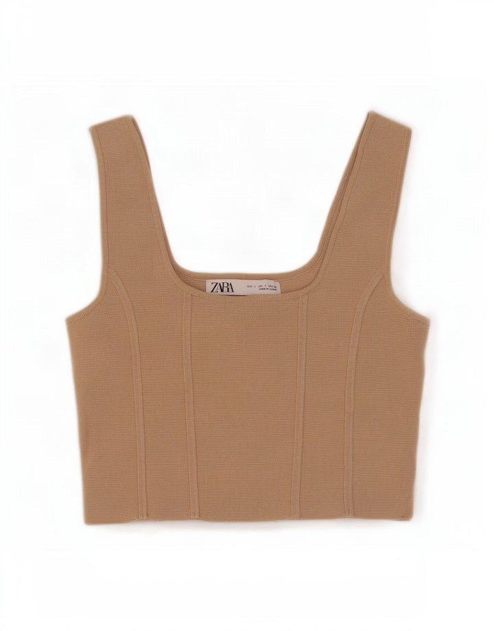 Zara Damen Ärmelloses Crop Top UK 8 Small Beige Nylon