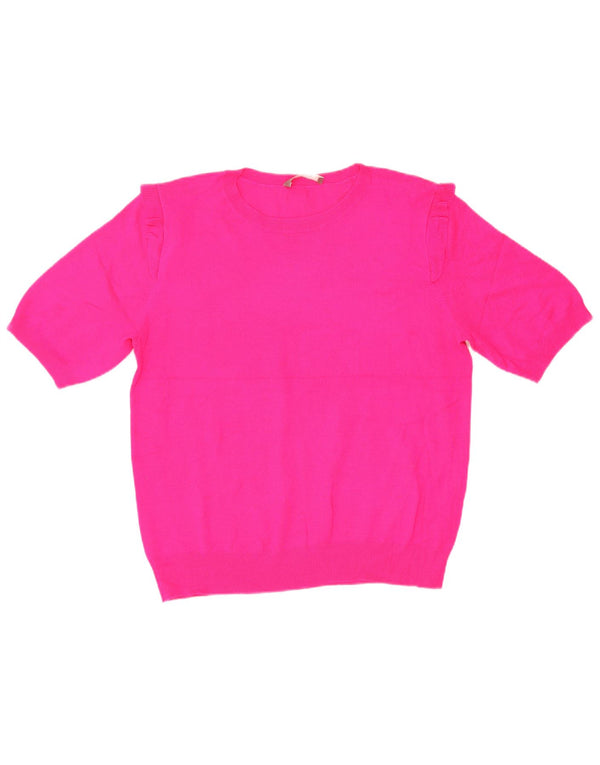 Oasis Womens Short Sleeve Crew Neck Jumper Sweater UK 16 Large Pink Acrylic