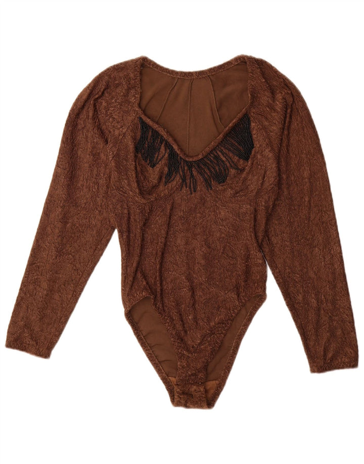 Vintage Womens Long Sleeve Bodysuit UK 12 Medium Brown Polyamide