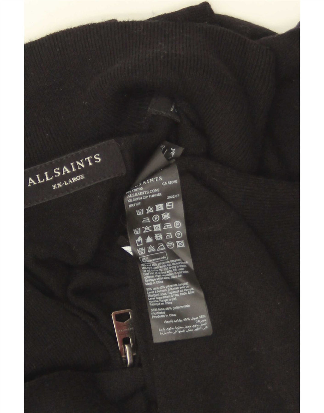 All Saints Herren-Pullover mit Reißverschluss, 2XL, schwarze Wolle