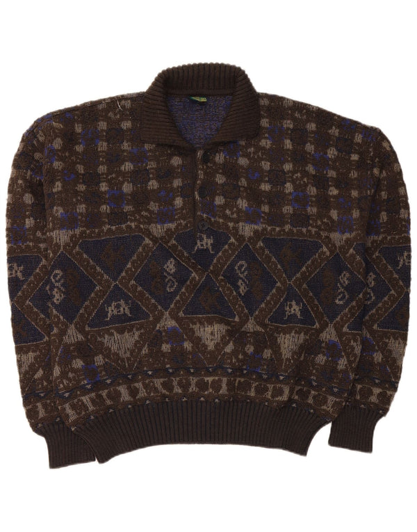 Maglione vintage da uomo vestibilità ampia con collo a polo XL Marrone geometrico