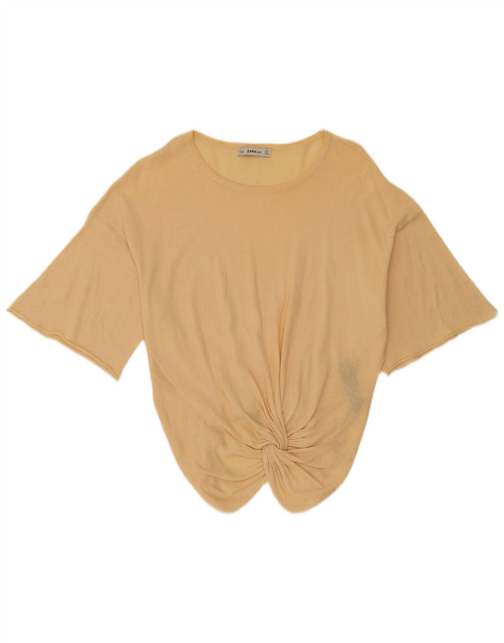 Zara Womens 3/4 Sleeve Blouse Top UK 14 Medium Beige Cotton