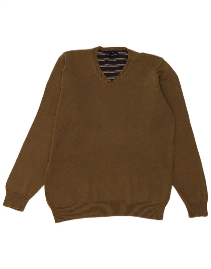 Marks & Spencer Mens Blue Harbour V-Neck Jumper Sweater Small Khaki Cotton