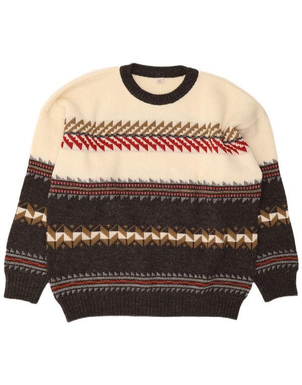 Męski sweter z okrągłym dekoltem w stylu vintage IT 52/54, duży, w kolorze złamanej bieli, geometryczny