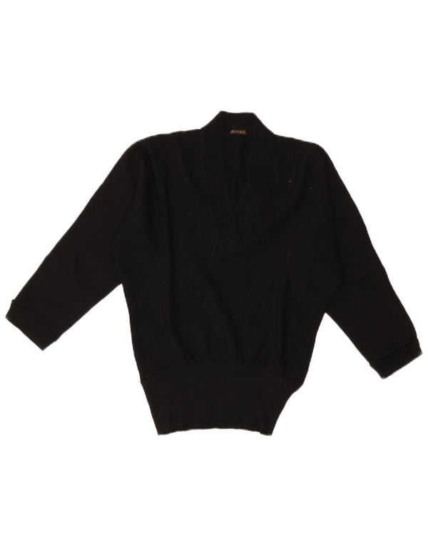 Reine Wolle Womens 3/4 Sleeve V-Neck Jumper Sweater UK 10 Small Black
