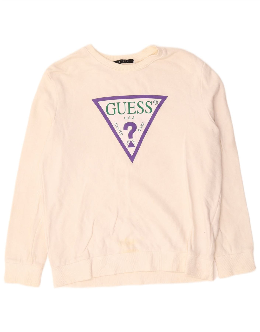 Guess Womens Graphic Sweatshirt Jumper UK 14 Medium Off White Cotton