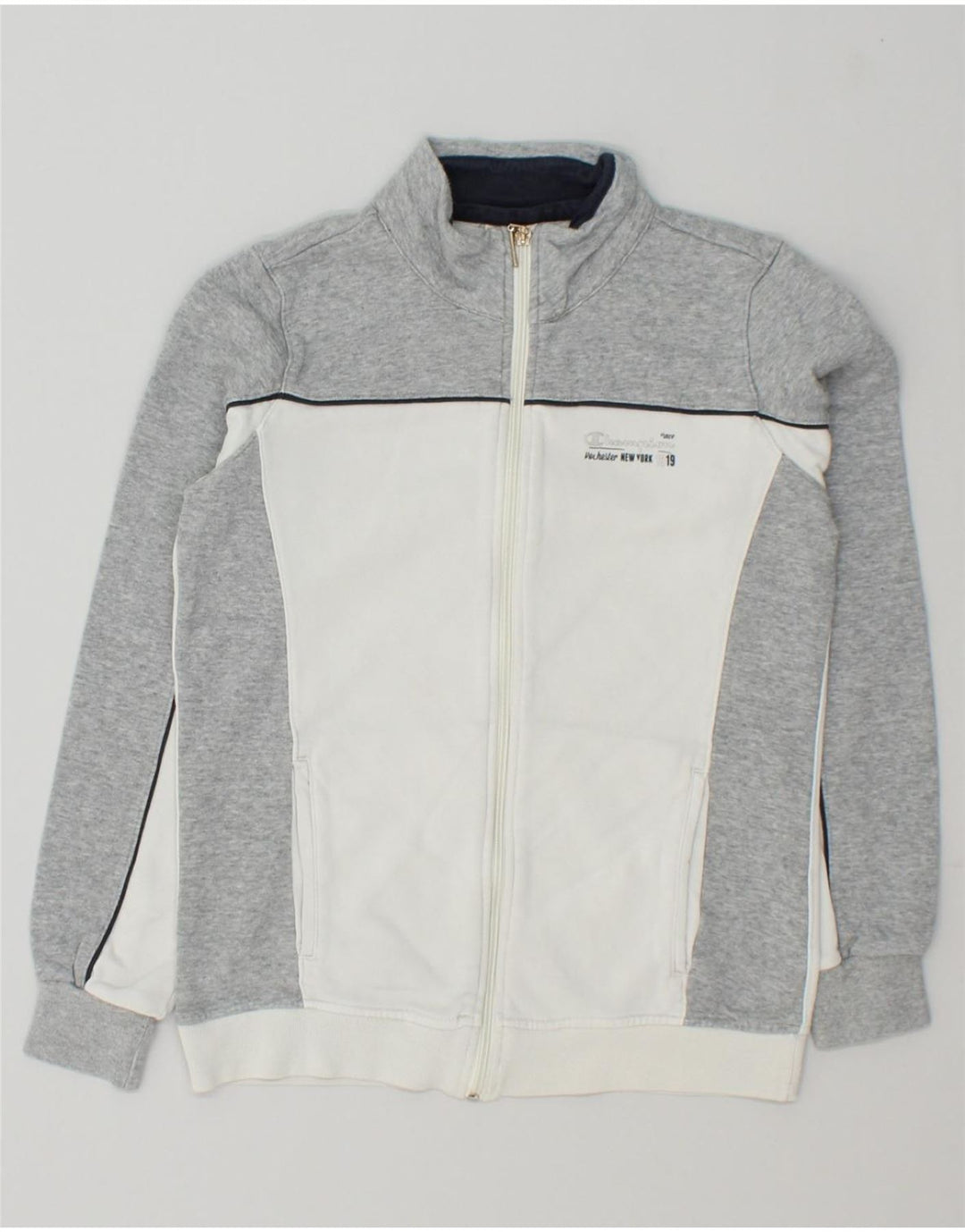 CHAMPION Womens Graphic Tracksuit Top Jacket UK 12 Medium Grey Colourblock Vintage Champion and Second-Hand Champion from Messina Hembry 