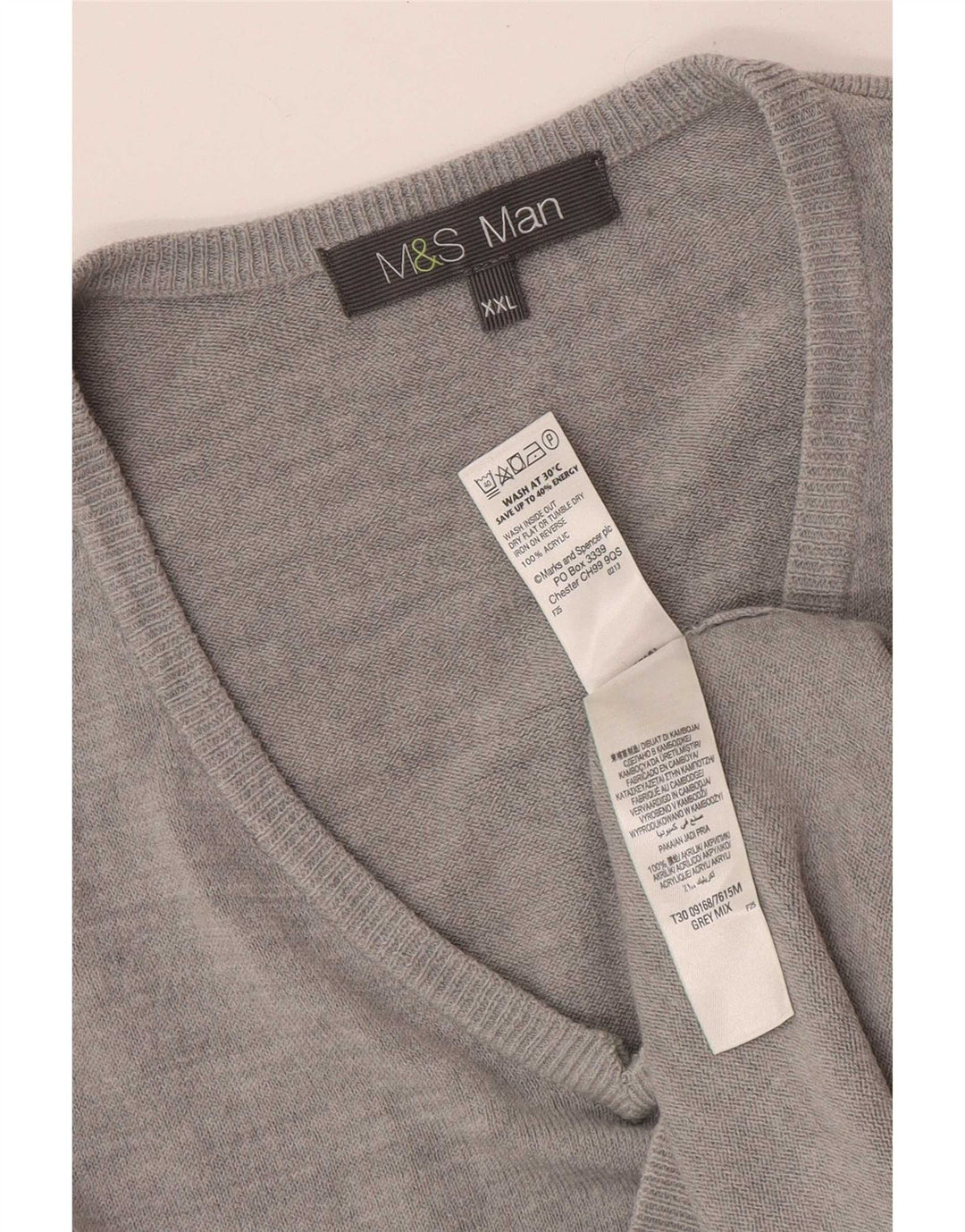 Marks & Spencer Mens V-Neck Jumper Sweater 2XL Grey Acrylic