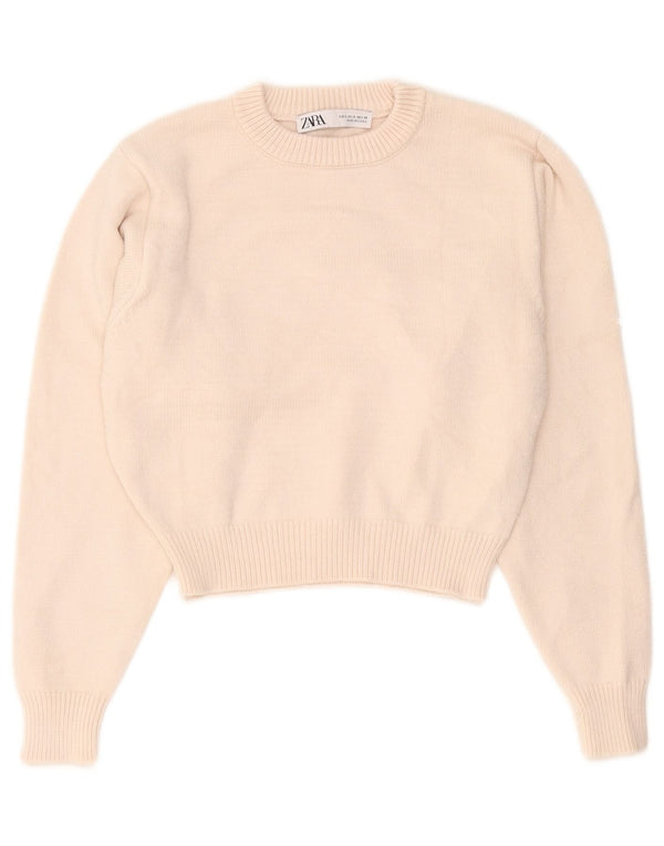 Zara Womens Crop Crew Neck Jumper Sweater UK 10 Small Beige Viscose