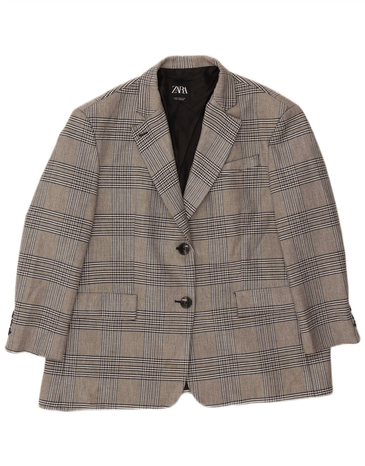 Zara Womens 2 Button Oversized Blazer Jacket UK 6 XS Grey Check Viscose