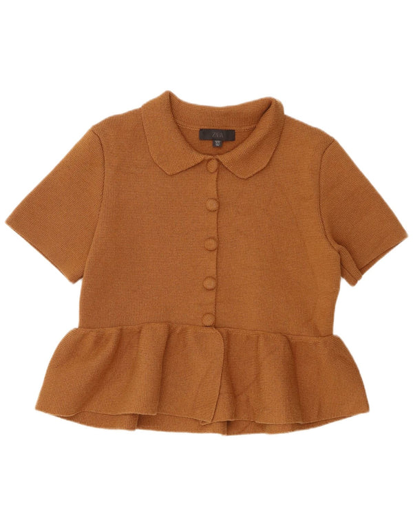 Zara Womens Short Sleeve Cardigan Top UK 14 Large Brown Cotton