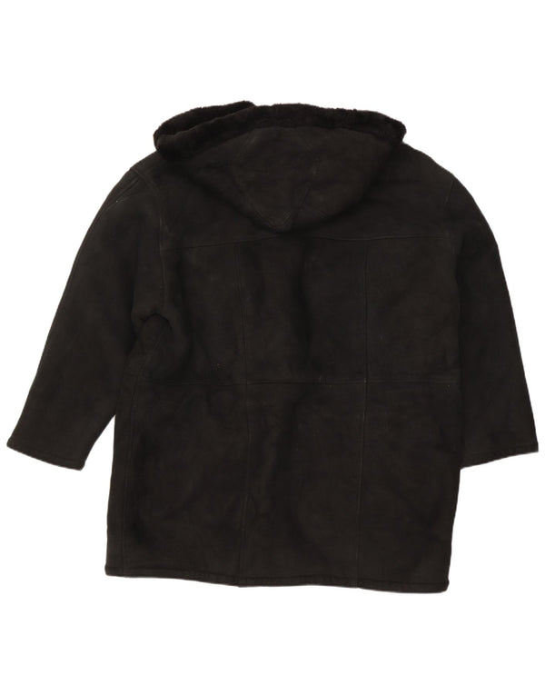 Vintage Damen-Kapuzenübergroßer Shearling-Mantel UK 16 Large Schwarz