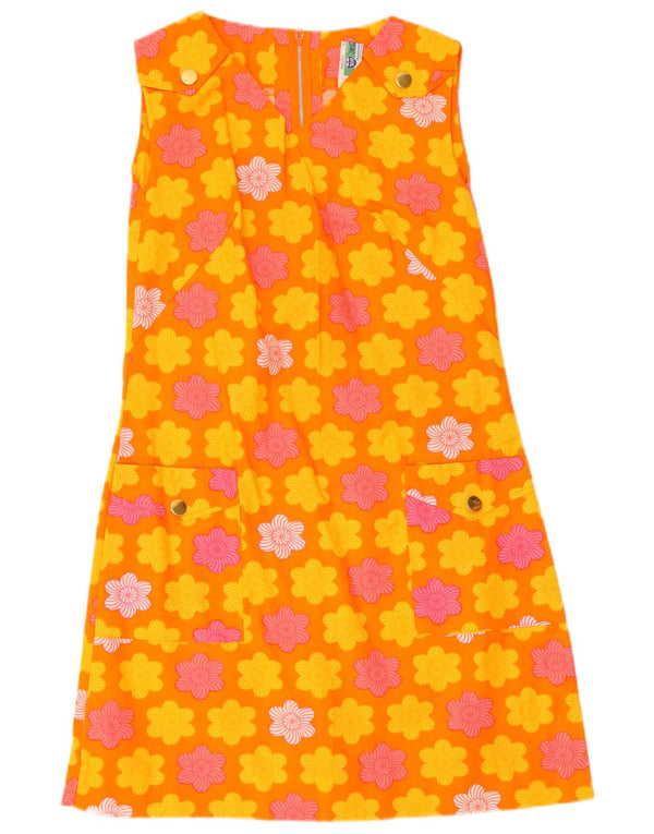 Vintage Damen Ärmelloses A-Linien-Kleid IT 40 Small Orange Floral Cotton