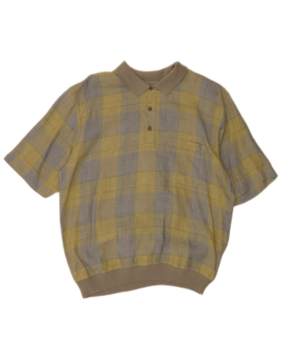 Donny & Max Mens Short Sleeve Pullover Shirt Large Yellow Check Linen