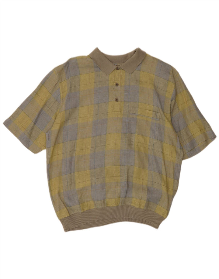 Donny & Max Mens Short Sleeve Pullover Shirt Large Yellow Check Linen
