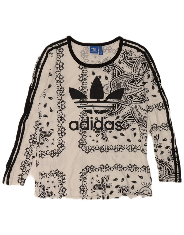 Adidas Top grafico da donna a maniche lunghe UK 16 Large White Paisley Cotton