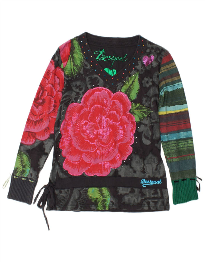 Desigual Womens Graphic Top Long Sleeve UK 14 Medium Black Floral
