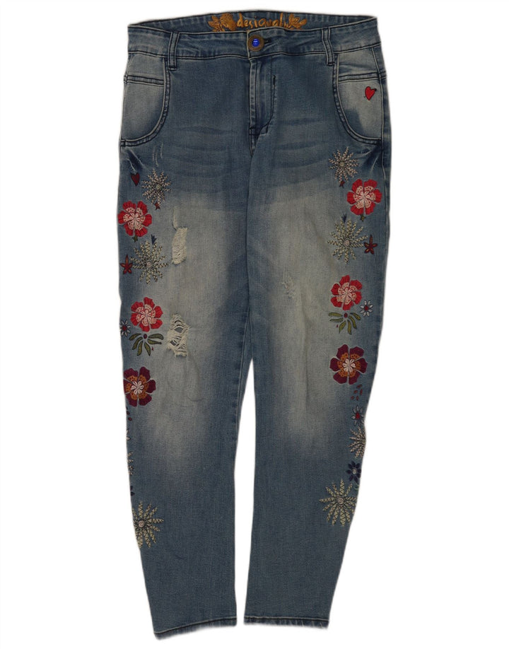 Desigual Womens Distressed Slim Jeans W26 L26 Blue Floral