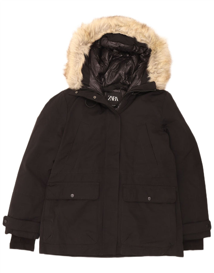 Zara Mujer Chaqueta Acolchada Con Capucha UK 46 Grande Poliéster Negro