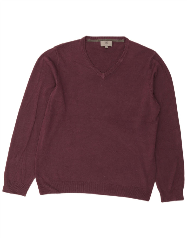 Marks & Spencer Mens Regular Fit V-Neck Jumper Sweater Large Purple Acrylic