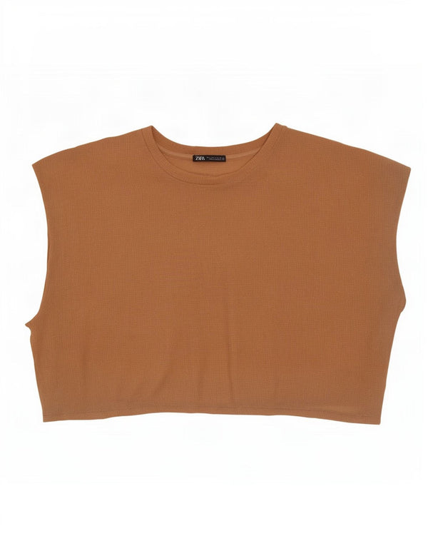 Zara Womens Crop Sleeveless Oversized Blouse Top UK 10 Small Beige