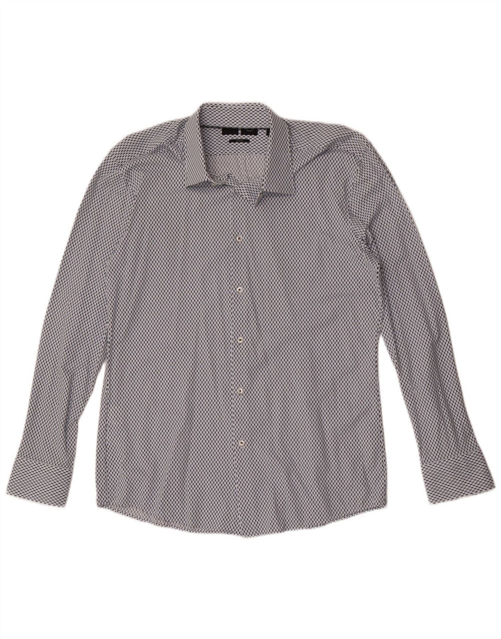 Hugo Boss Mens Slim Fit Shirt Size 41 16 Large Blue Geometric Polyamide
