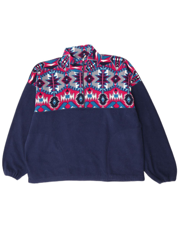 Vintage Mens Zip Neck Fleece Jumper XL Navy Blue Geometric