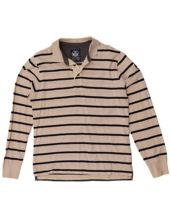 North Sails Mens Long Sleeve Polo Shirt Large White Striped Cotton