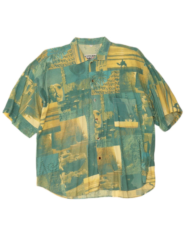 Vintage hommes graphique manches courtes chemise 2XL vert Patchwork coton