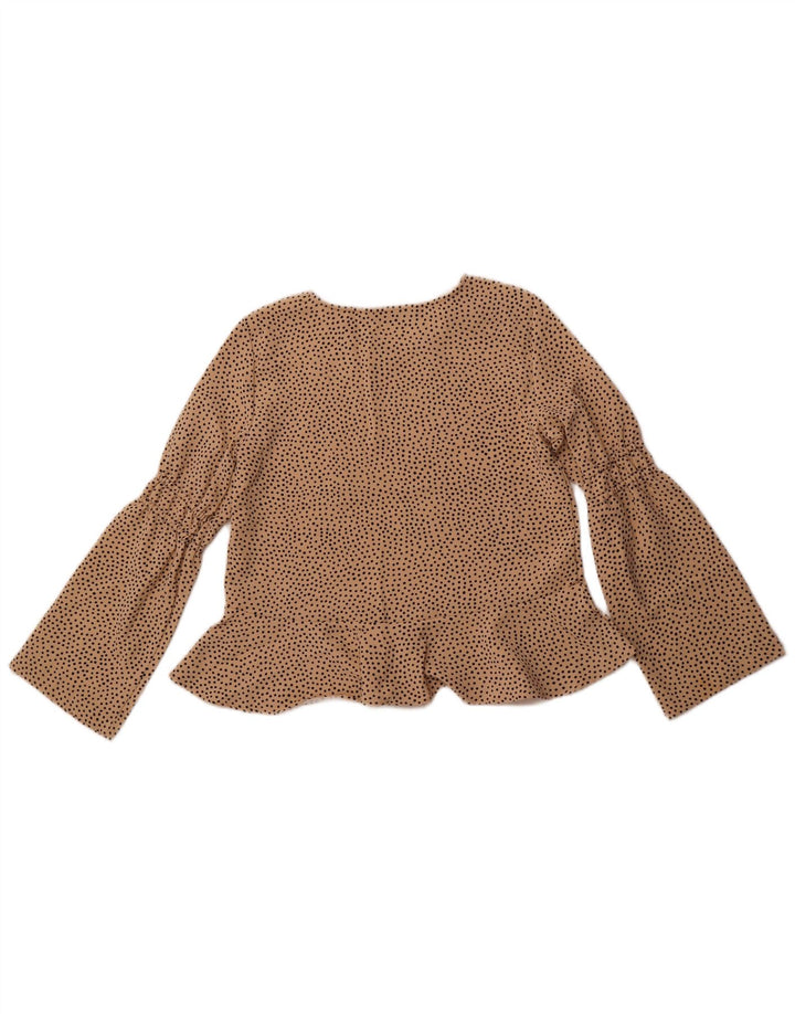 ZARA langærmet blusetop til kvinder DK 10 Lille beige plettet polyester