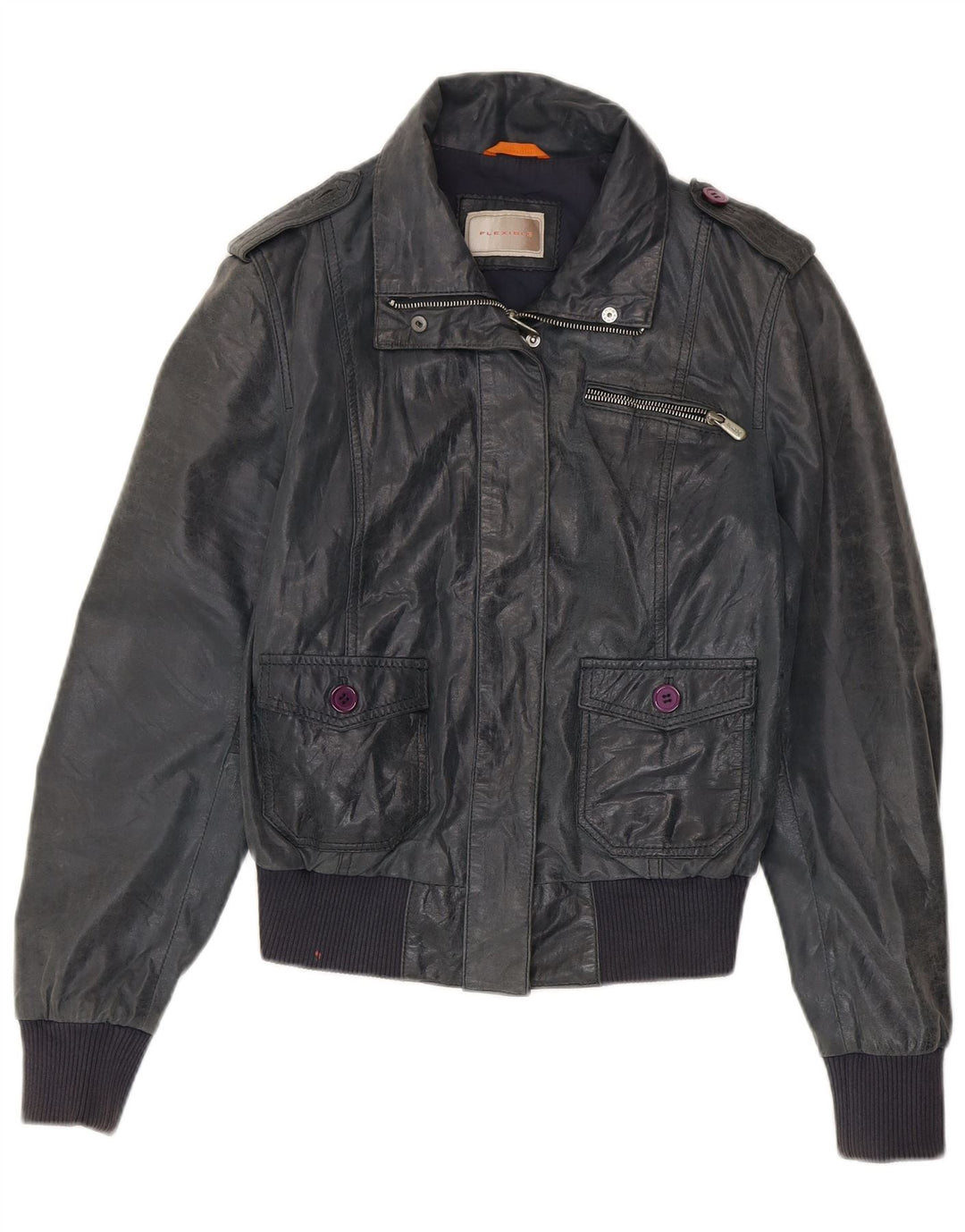 veste en cuir bomber femme vintage IT 46 Grand cuir bleu marine