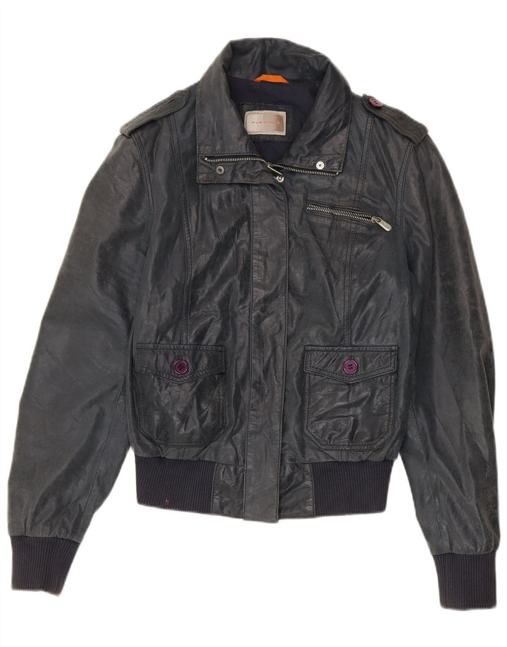 veste en cuir bomber femme vintage IT 46 Grand cuir bleu marine