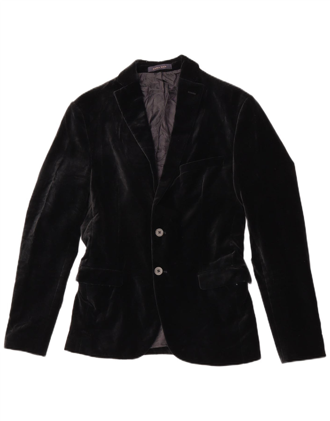 Zara Mens 2 Button Velvet Blazer Jacket EU 46 Small Black Cotton