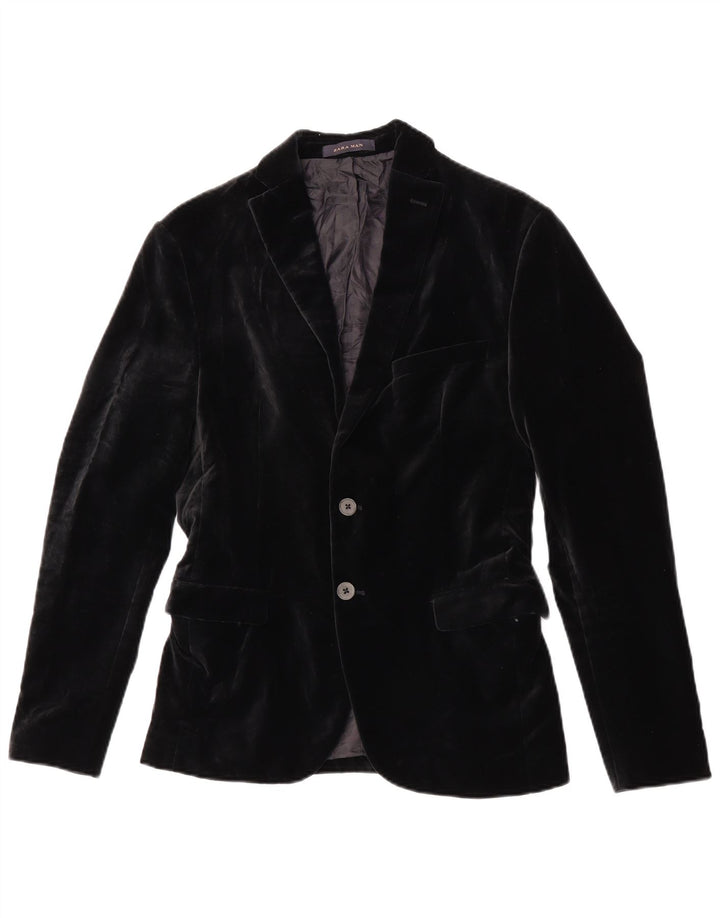 Zara Mens 2 Button Velvet Blazer Jacket EU 46 Small Black Cotton
