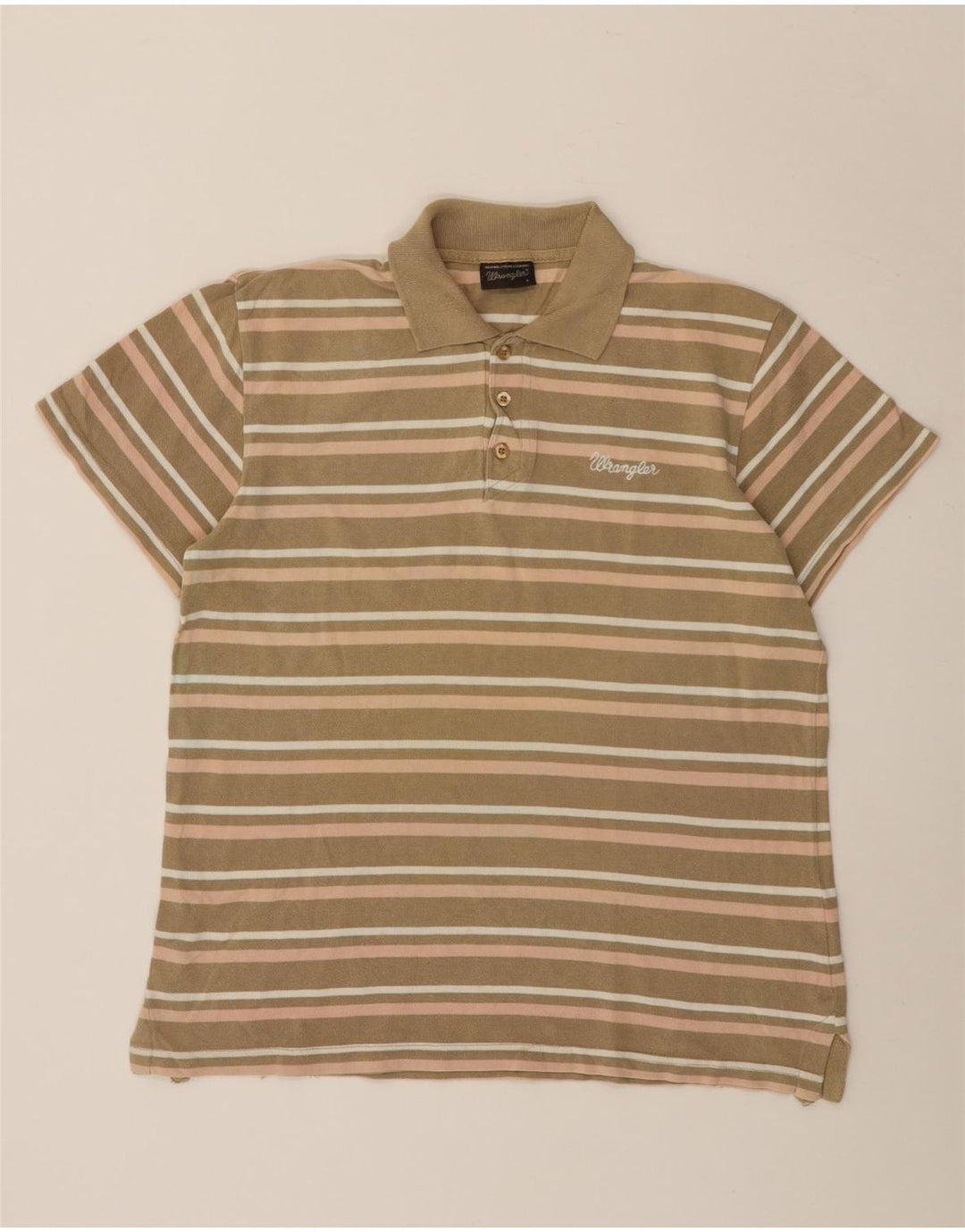 Wrangler Mens Polo Shirt Large Khaki Striped Cotton