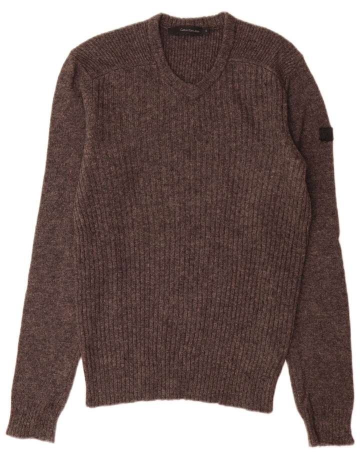 Calvin Klein Jeans Mens V-Neck Jumper Sweater Small Grey Flecked Wool