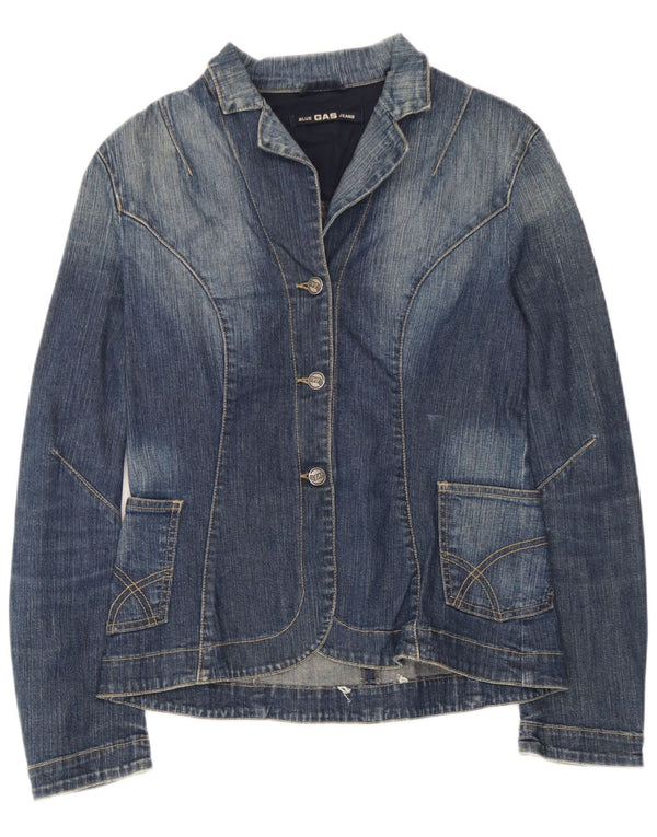 Gas Womens 3 Button Denim Blazer Jacket UK 12 Medium Blue Cotton