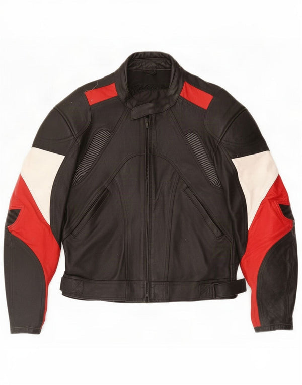 Vintage Dame Læder Racer Jacket UK 14 3XL Sort Farveblok