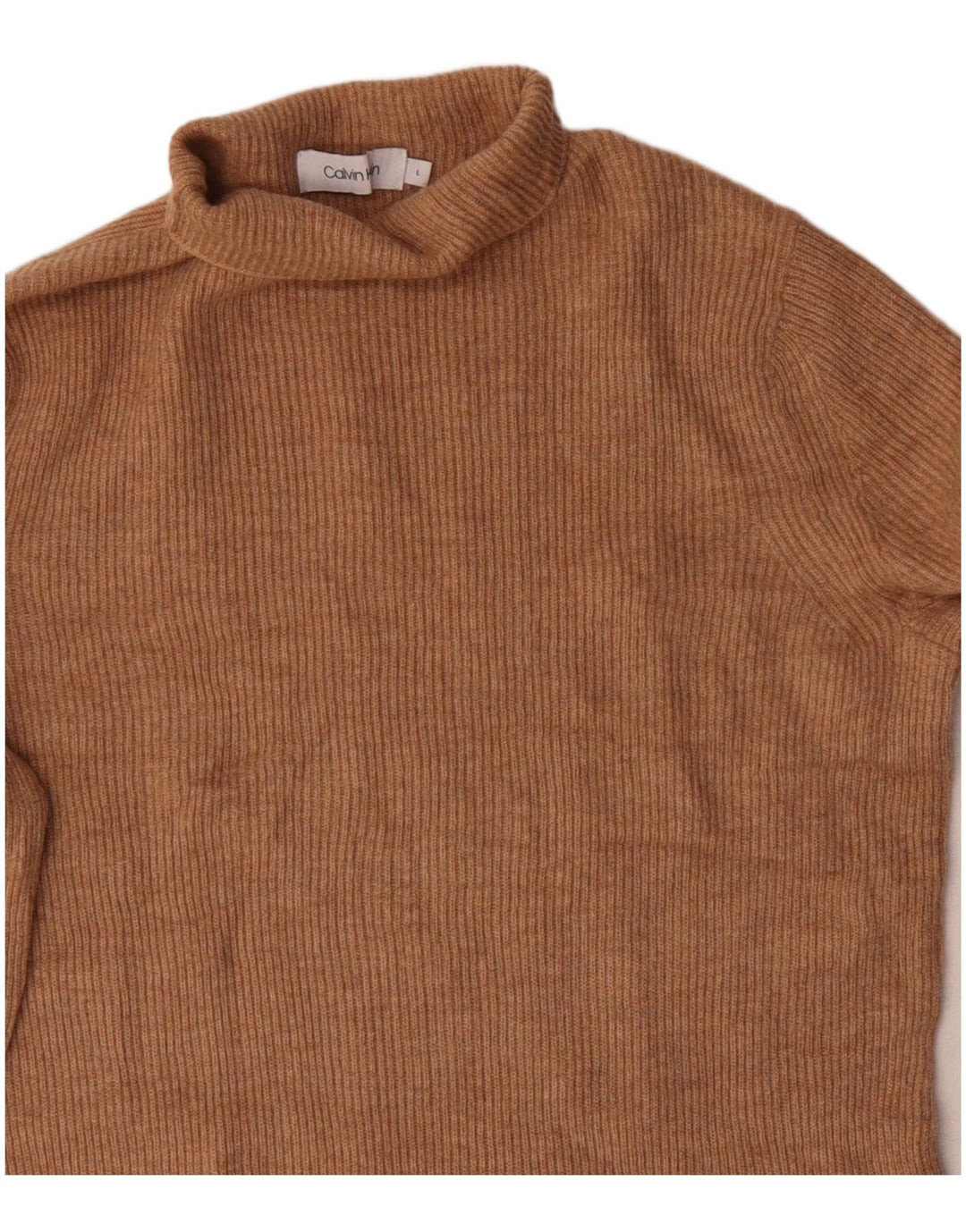 Calvin Klein Womens Roll Neck Jumper Sweater UK 14 Large Beige Wool