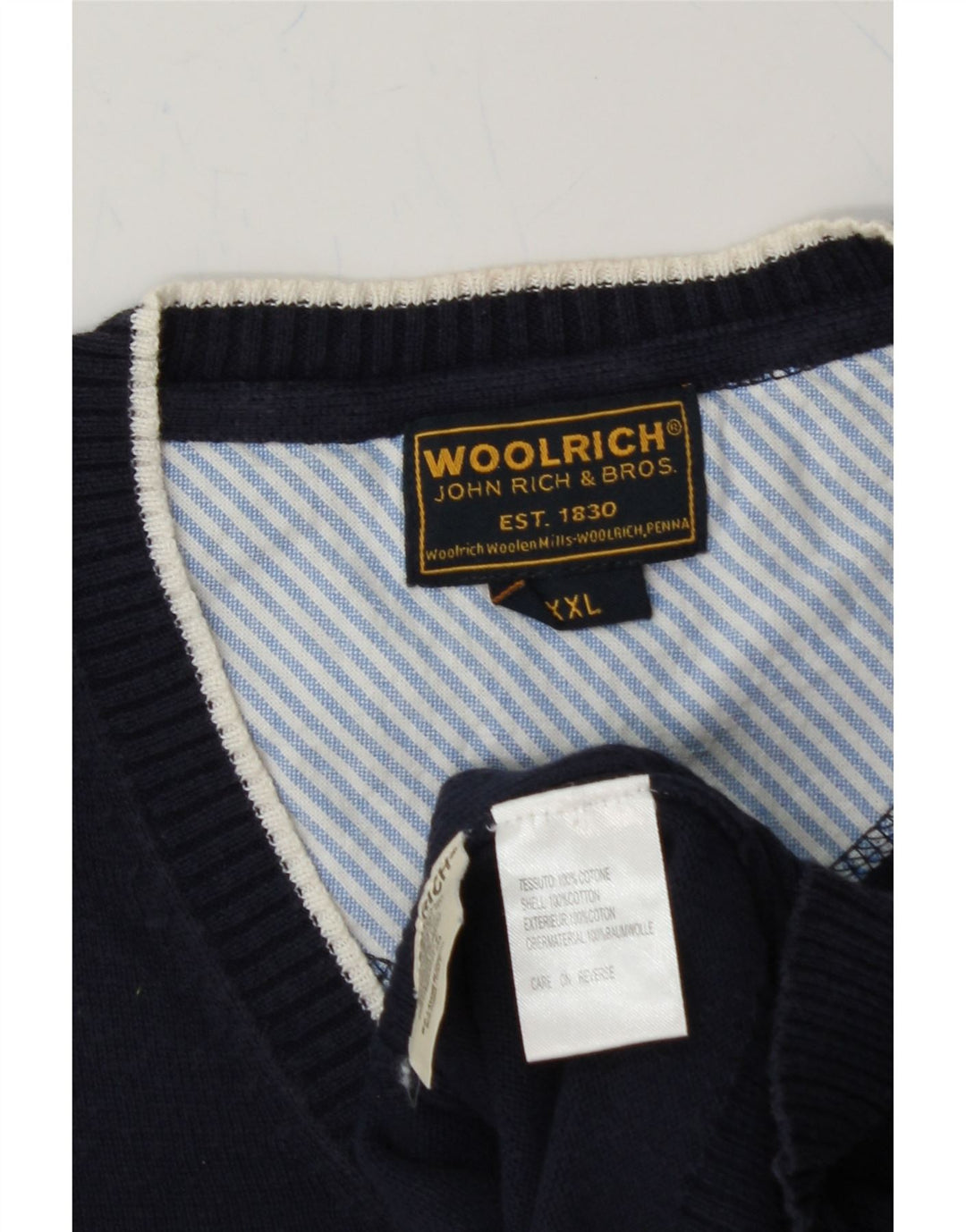 WOOLRICH Mens V-Neck Jumper Sweater 2XL Navy Blue Cotton Vintage Woolrich and Second-Hand Woolrich from Messina Hembry 