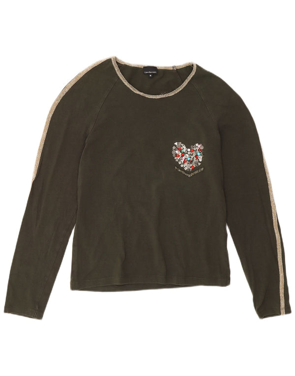 Calvin Klein Jeans Damen Top Langarm UK 12 Medium Khaki Baumwolle