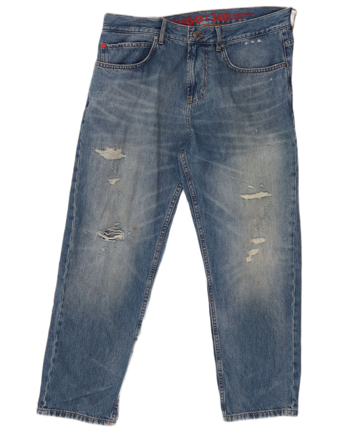 HUGO BOSS Mens Distressed Straight Jeans W34 L27 Blue Cotton