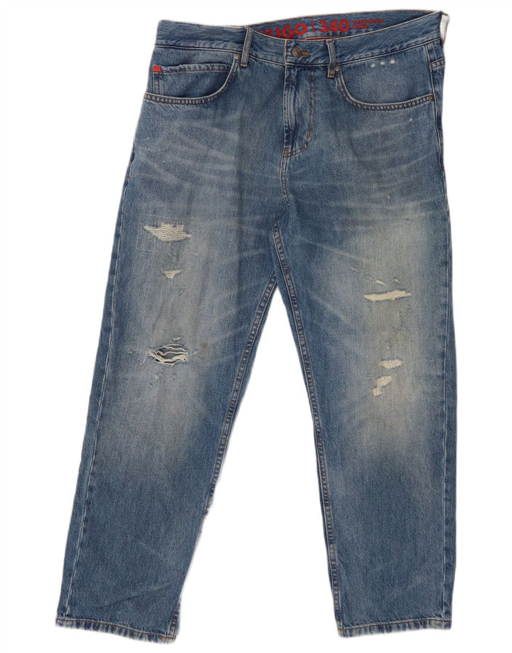 HUGO BOSS Mens Distressed Straight Jeans W34 L27 Blue Cotton