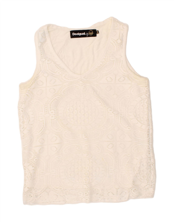DESIGUAL Womens Sleeveless Blouse Top UK 12 Medium White Polyester Vintage Desigual and Second-Hand Desigual from Messina Hembry 